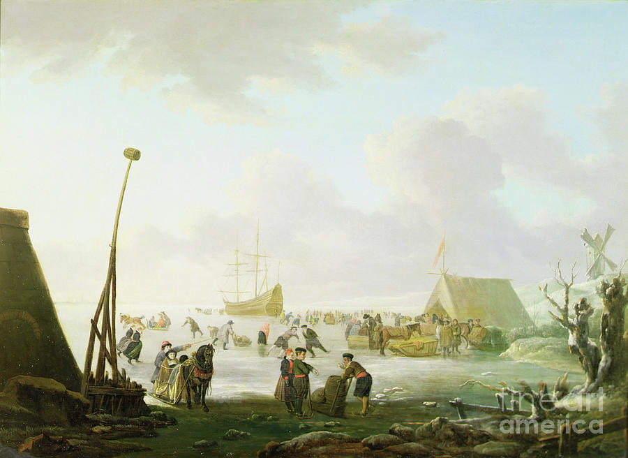 An Extensive Landscape With Sleighs And Skaters With A Ship Locked In The Ice Painting by Hendrik Avercamp
