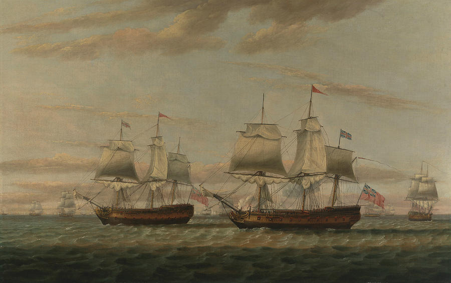 An Indiaman and a Two Decker Hove to, Said to be Thomas Dumar Painting by Thomas Luny