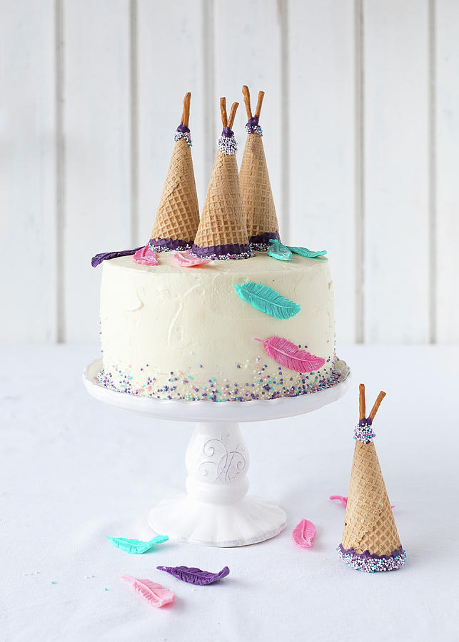 An Indian Cake Decorated With Ice Cream Cones For A Childs Birthday Photograph by Emma Friedrichs
