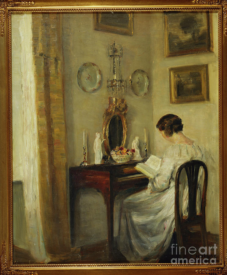 An Interior With A Girl Reading At A Desk Painting by Carl Holsoe ...