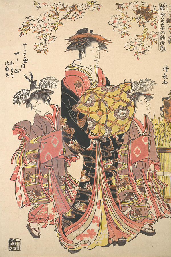 An Oiran Accompanied by Two Kamuro Relief by Torii Kiyonaga