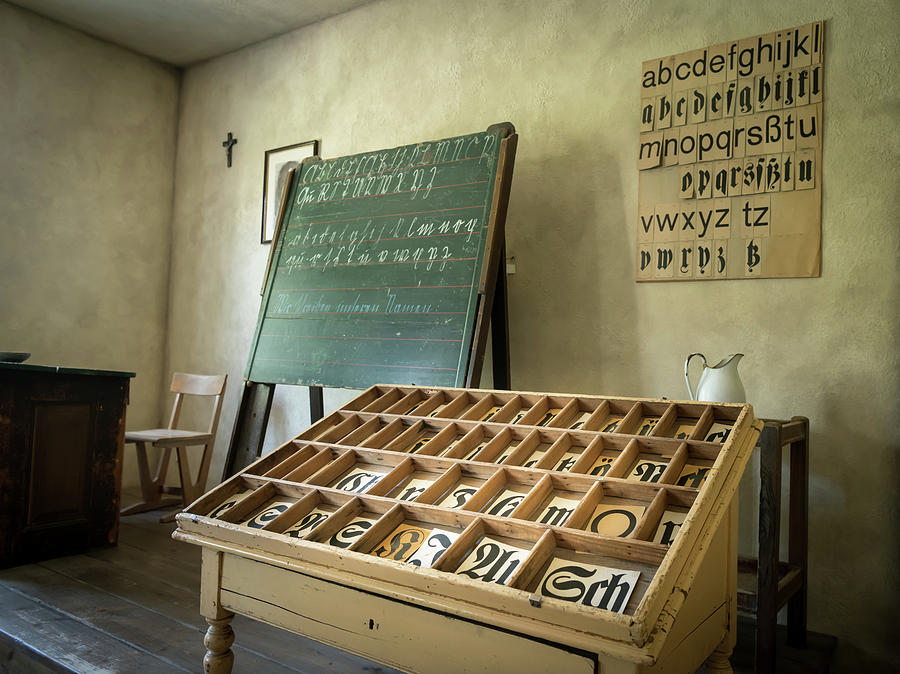 Vintage Photograph - An old classroom with blackboard and boards with old script by Stefan Rotter