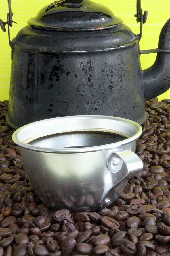 An Old Coffee Jug And An Aluminium Cup Of Coffee Photograph by Martina Schindler