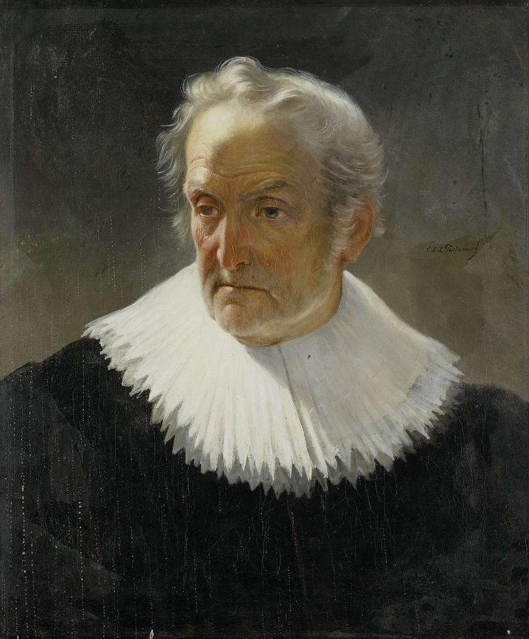 An old Man in 17th-century Dress. Painting by Christiaan Julius Lodewijk Portman -1799-1868-