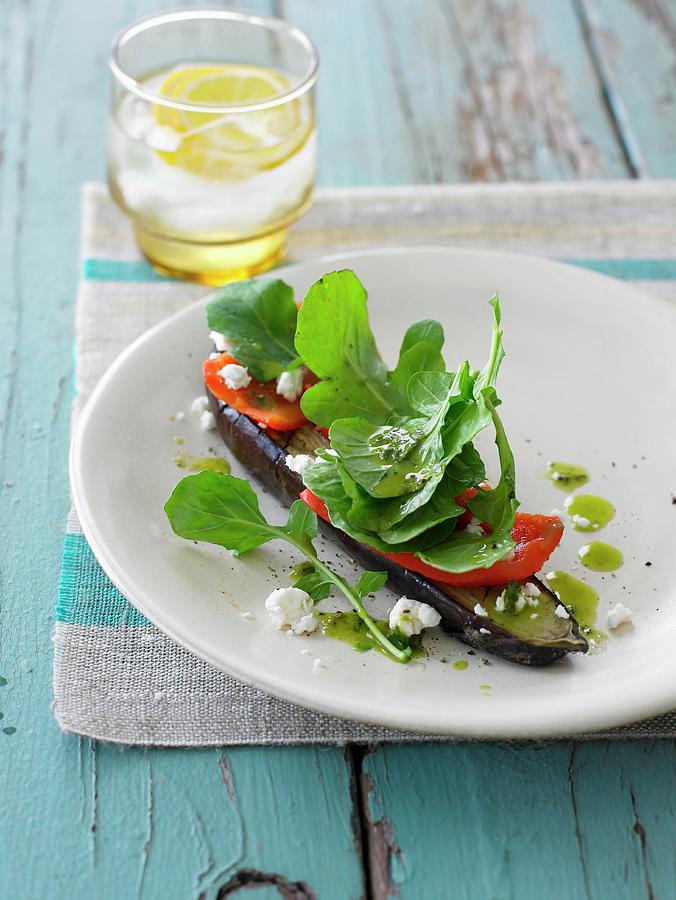 An Open Aubergine Sandwich Topped With Pepper And Feta Cheese Photograph by Leigh Beisch
