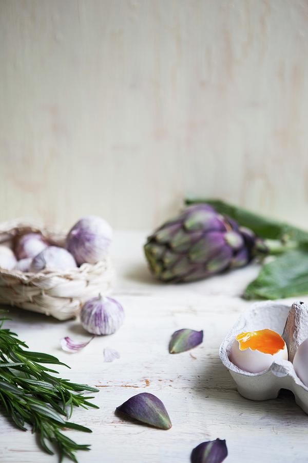An Open Soft-boiled Egg With Field Garlic, Artichokes And A Sprig Of Rosemary Photograph by Sabrina Sue Daniels