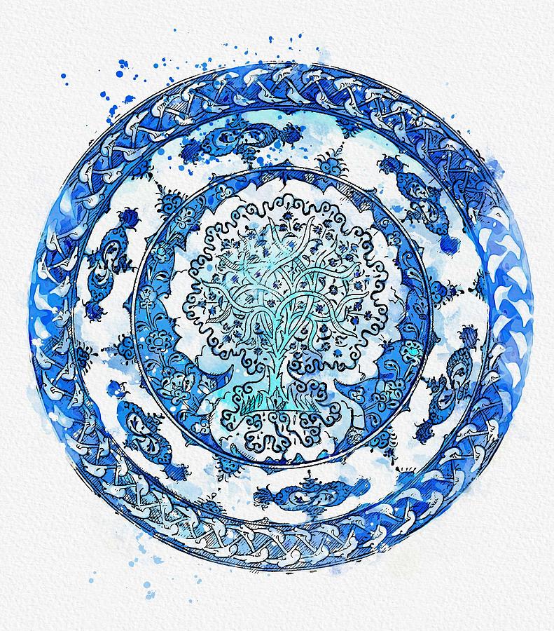 An Ottoman Iznik style pottery polychrome, by Adam Asar, No 2 watercolor by Ahmet Asar Painting by Celestial Images