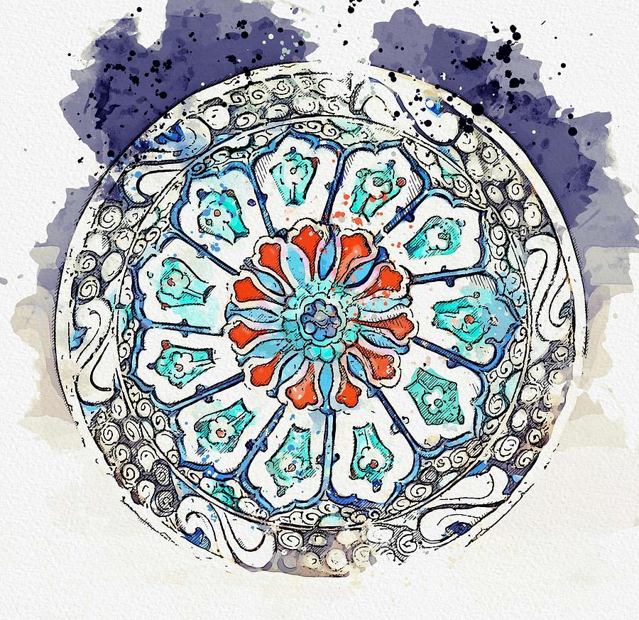 An Ottoman Iznik style pottery polychrome, by Adam Asar, No 3 watercolor by Ahmet Asar Painting by Celestial Images