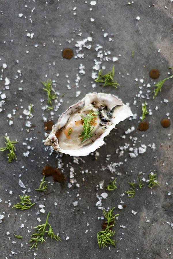 An Oyster With Salt And Spicy Sauce Photograph by Hein Van Tonder