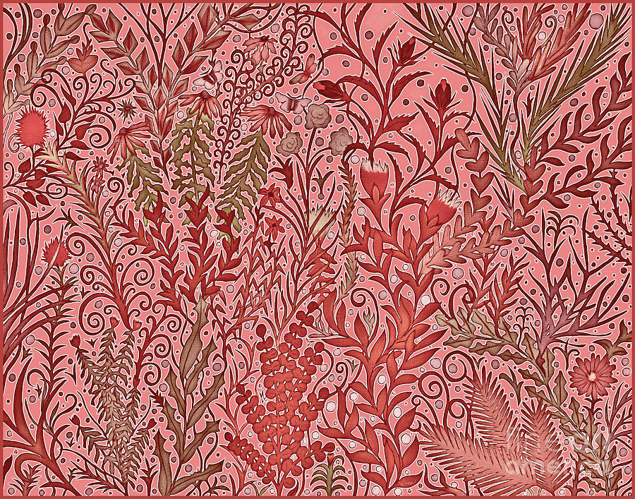 An Unruly Garden in Salmon Pink, Rust and Olive Green Tapestry - Textile by Lise Winne