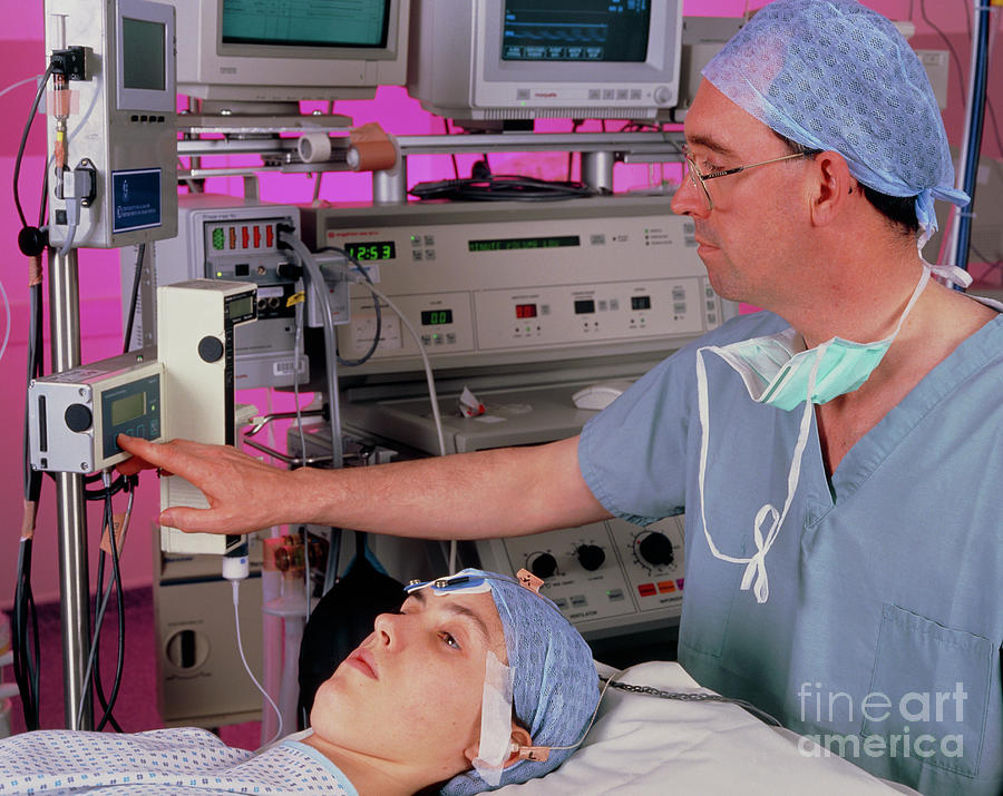 Anaesthetist & Patient With Consciousness Monitor Photograph by Simon Fraser/health Care International (scotland) Ltd/science Photo Library