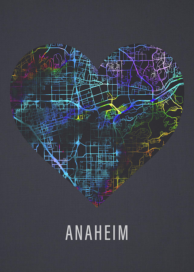 Anaheim Mixed Media - Anaheim California City Street Map Heart Love Dark Mode by Design Turnpike