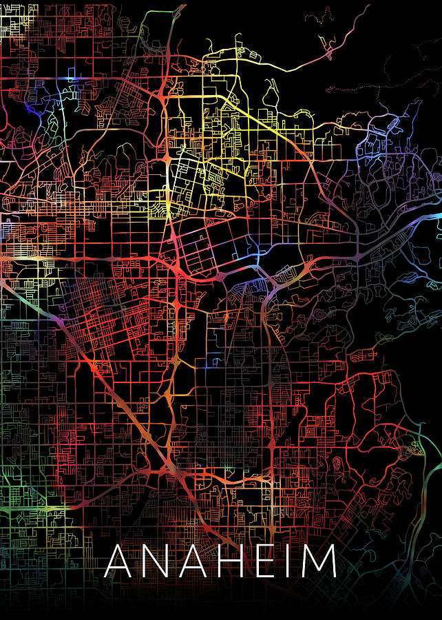 Anaheim Mixed Media - Anaheim California Watercolor City Street Map Dark Mode by Design Turnpike