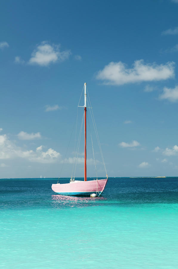 Anchoring Pink Boat In Tropical Bay Photograph by Digihelion