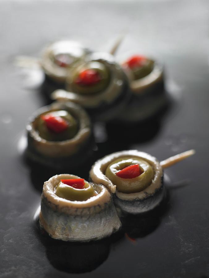 Anchovy Rolls With Olives On Cocktail Sticks Photograph by Atkinson / Sue Dr.