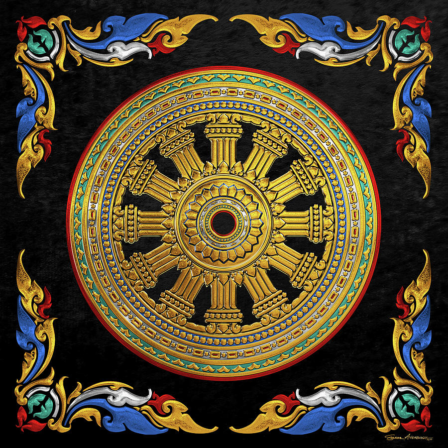 Ancient 12-Spoked Gold Dharmachakra - The Wheel of Dharma Digital Art by Serge Averbukh