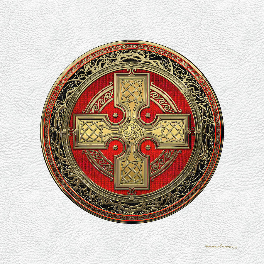 Ancient Celtic Sacred Gold Knot Cross over White Leather Digital Art by Serge Averbukh