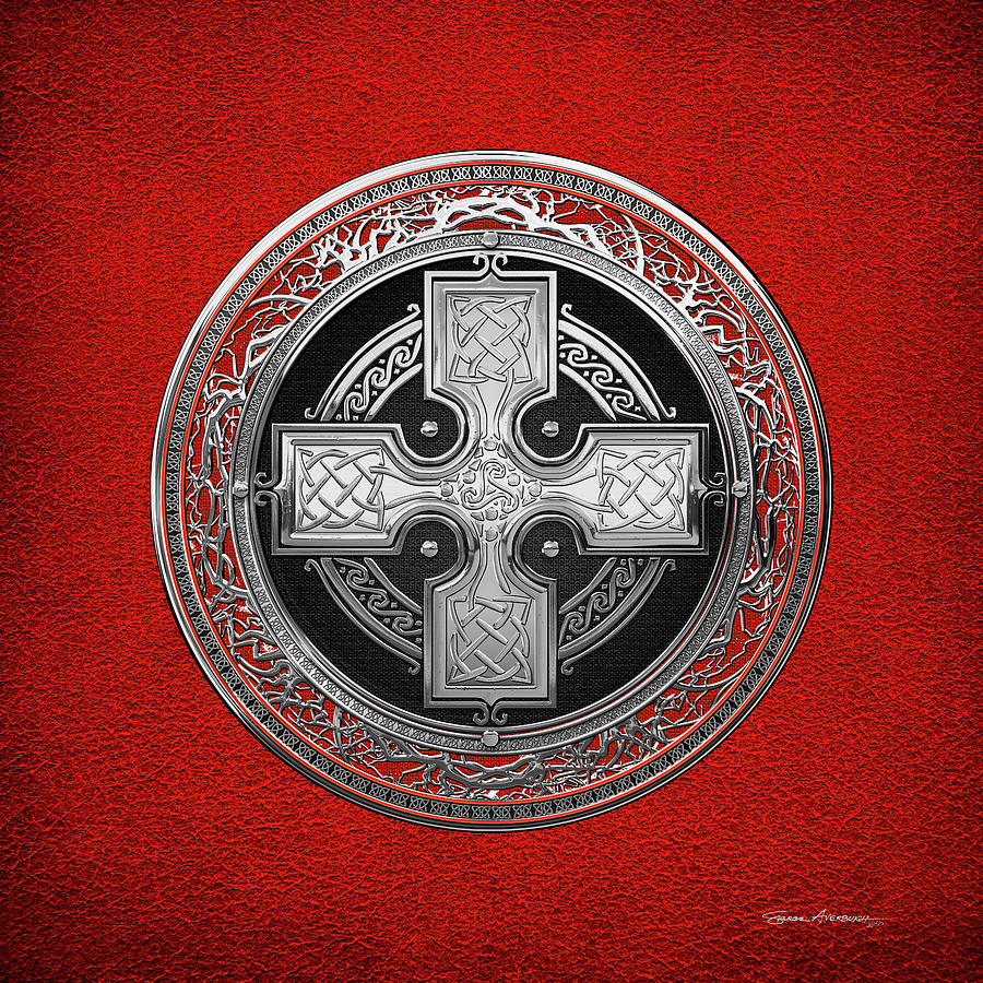 Ancient Celtic Sacred Silver Knot Cross over Red Leather Digital Art by Serge Averbukh