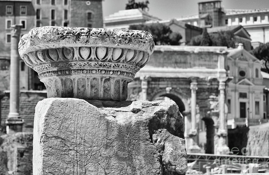 Ancient Column Capital Inside Roman Forum Rome Italy Black and White Photograph by Shawn OBrien