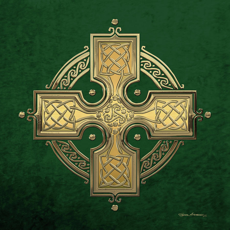 Ancient Gold Celtic Knot Cross over Green Velvet Digital Art by Serge Averbukh