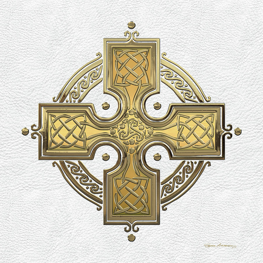 Ancient Gold Celtic Knot Cross over White Leather Digital Art by Serge Averbukh