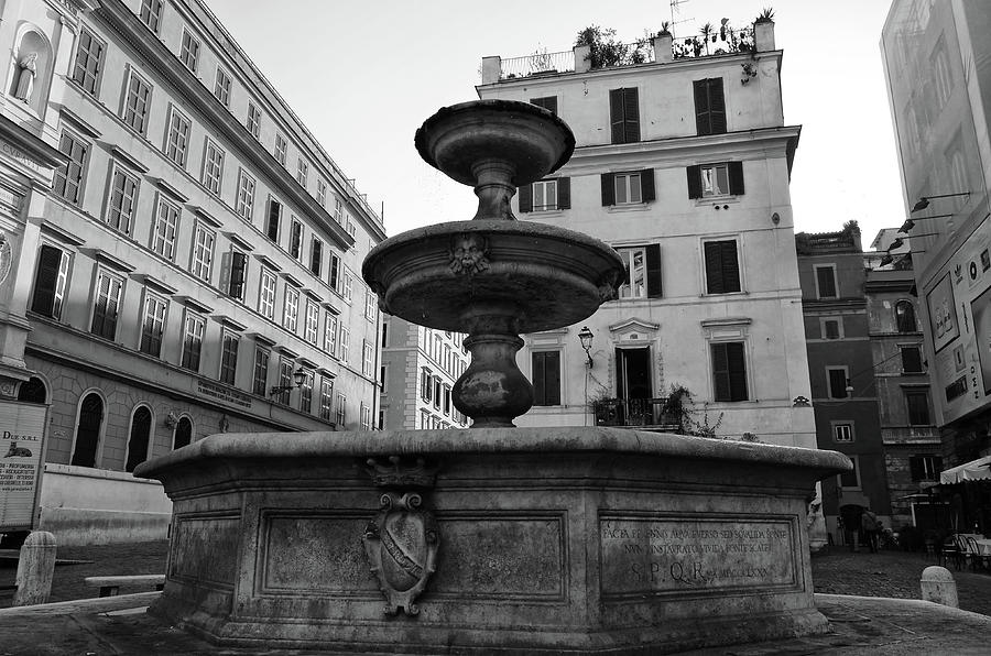 Ancient Roman Piazza Fountain Urban Street Scene Black and White Photograph by Shawn OBrien