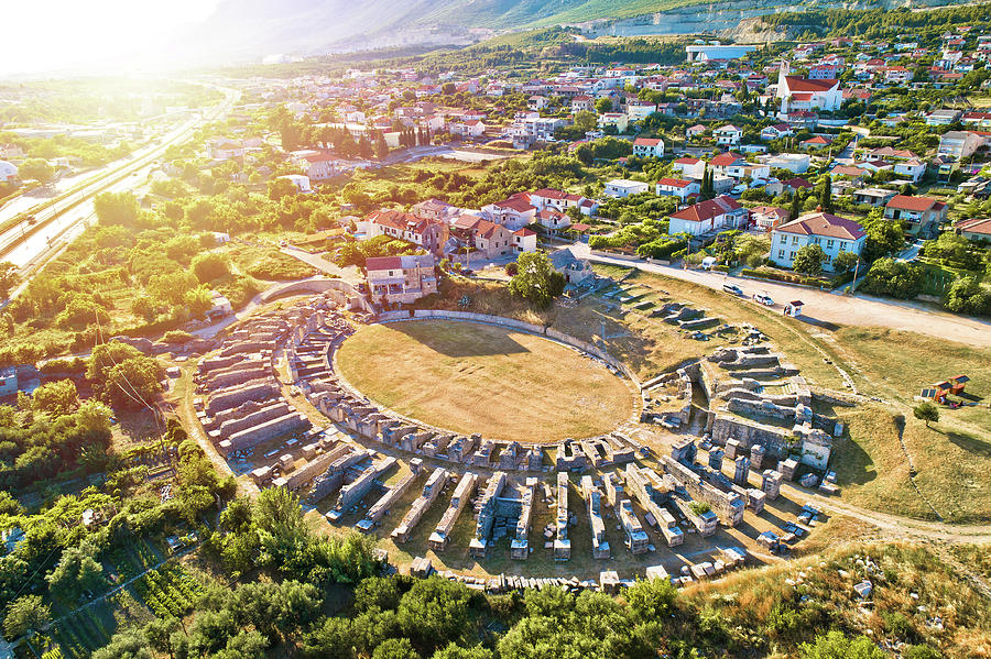 Ancient Salona or Solin amphitheater aerial sunset view Photograph by Brch Photography