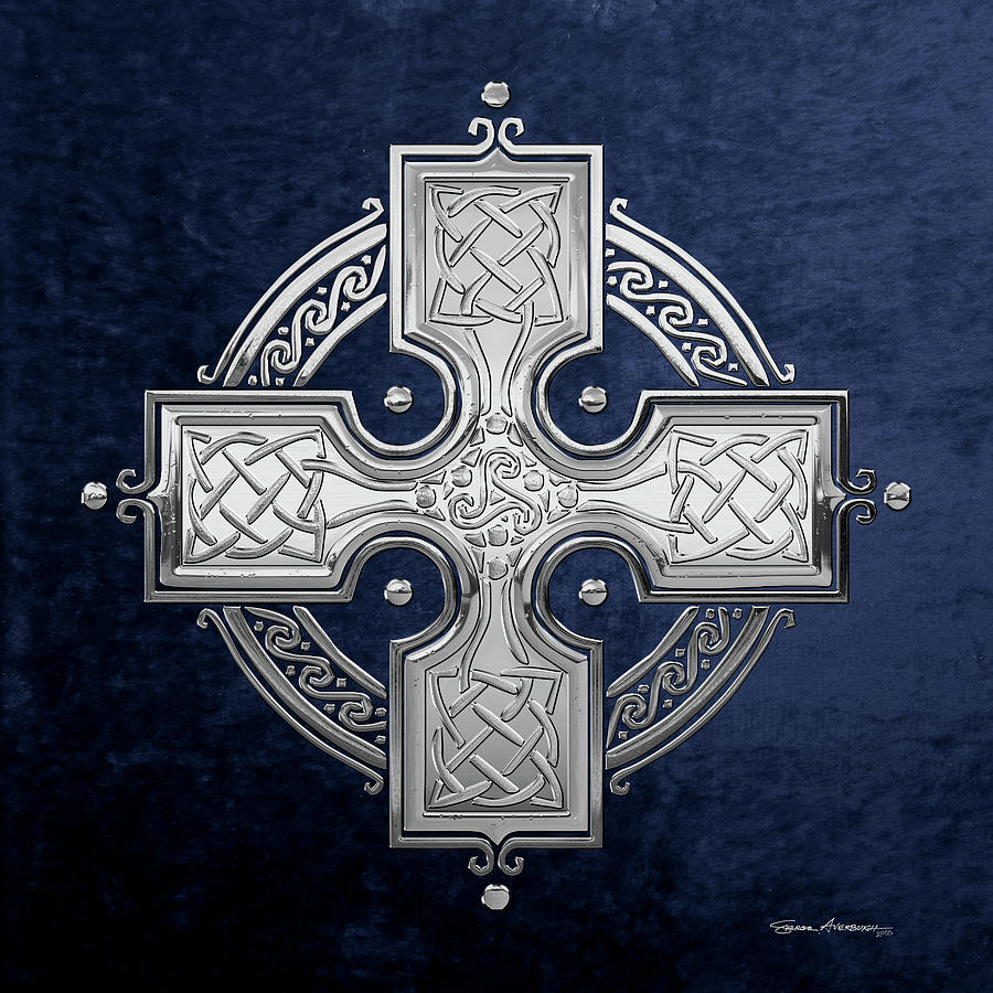 Ancient Silver Celtic Knot Cross over Blue Velvet Digital Art by Serge Averbukh