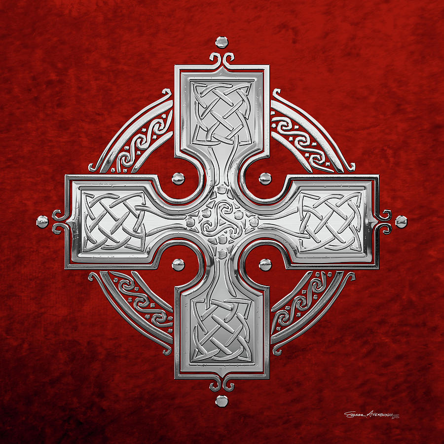 Ancient Silver Celtic Knot Cross over Red Velvet Digital Art by Serge Averbukh