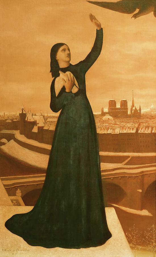 andquot, Echappe a la serre ennemie, le message attendu exalte le coeur de la fiere citeandquot. Painting by Pierre Puvis de Chavannes -1824-1898-