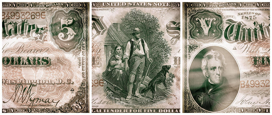 Andrew Jackson 1875 Woodchopper American Five Dollar Bill Currency Triptych Artwork Digital Art by Shawn OBrien