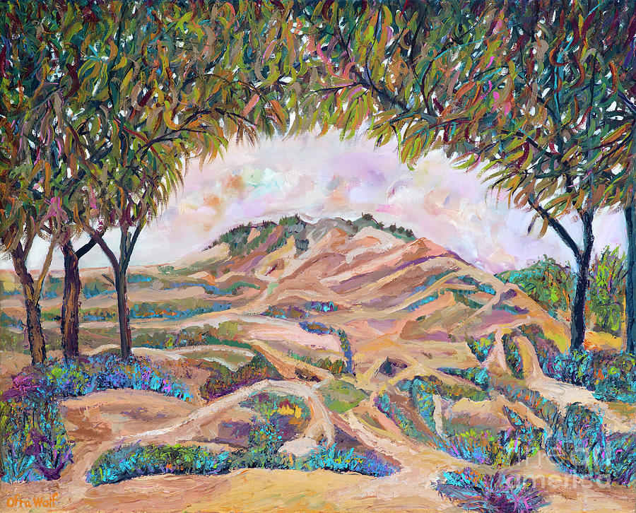 Anemone Hill through the Eucalyptus Painting by Ofra Wolf