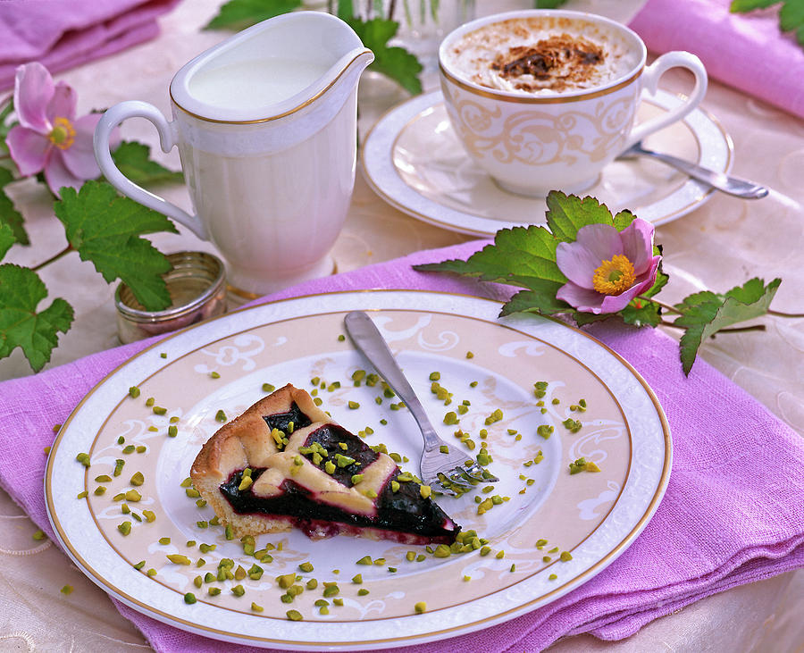 Anemone Hupehensis, Blackberry Cake With Chopped Pistachios Photograph by Friedrich Strauss