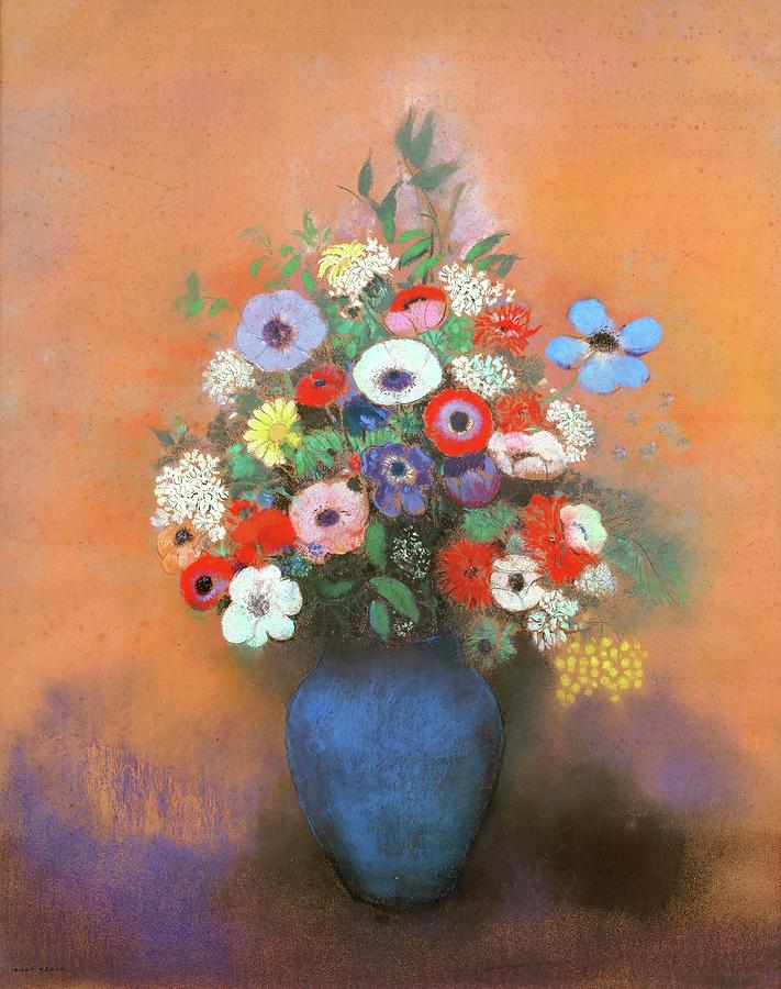 Anemones and lilacs in a blue vase. After 1912 Pastel,73,8 x 59,7 cm Inv.153. Painting by Odilon Redon -1840-1916-