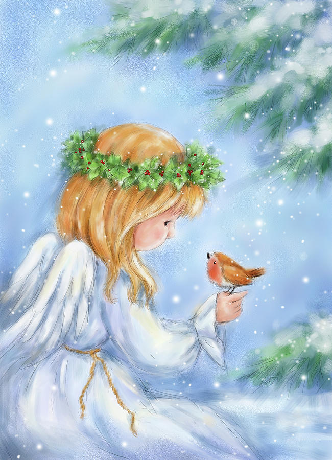 Christmas Mixed Media - Angel And Robin by Makiko Christmas Mixed Media - Angel And Robin by Makiko