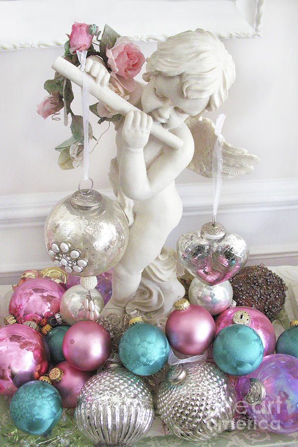 Angel Cherub Playing Flute With Christmas Holiday Ornaments - Shabby Chic Holiday Christmas Angel Photograph by Kathy Fornal
