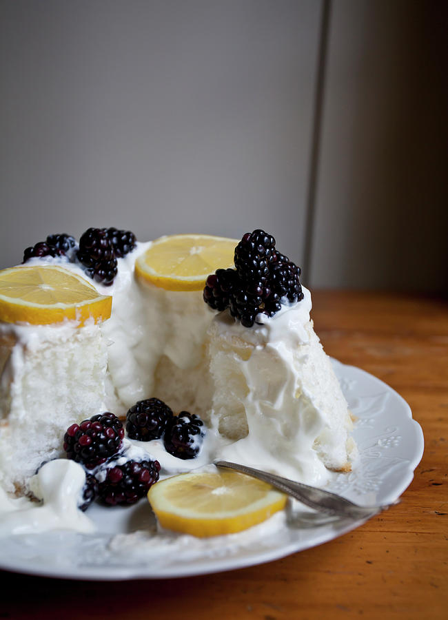 Angel Food Cake With Whipped Cream, Lemon Slices And Blackberries Photograph by Ryla Campbell