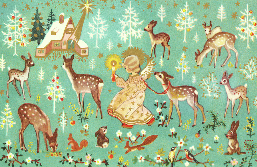 Christmas Drawing - Angel With Forest Animals by CSA Images