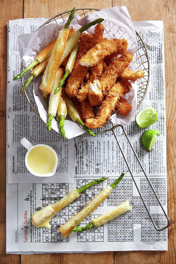 Angelfish Goujons With Asparagus In Filo Pastry With Hollandaise Sauce Photograph by Great Stock!