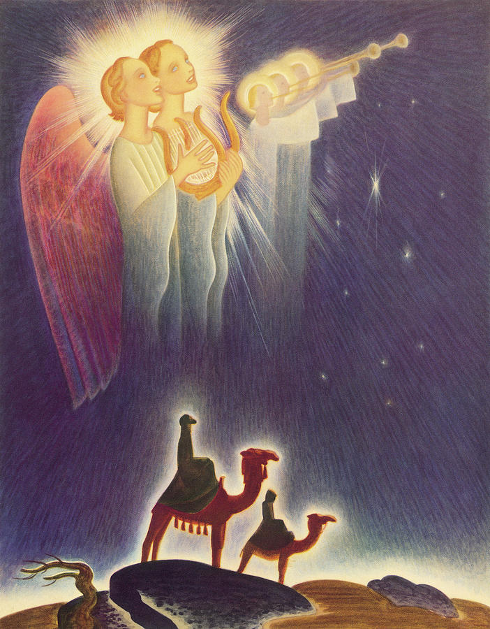 Christmas Drawing - Angels and Two Wisemen by CSA Images