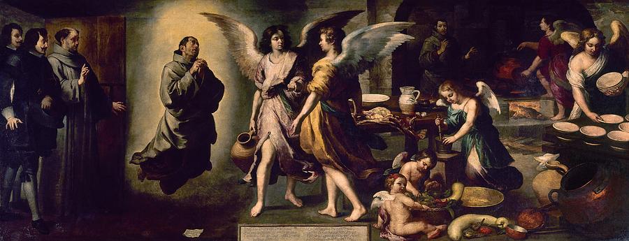 Angels Kitchen, 1646, Oil on canvas, 180 x 450 cm. Painting by Bartolome Esteban Murillo -1611-1682-