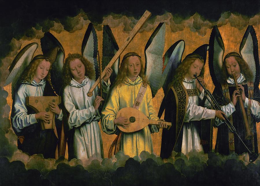 Angels making music, left panel of a triptych. Wood, around 1487-1490. Inv.778. Painting by Hans Memling -c 1433-1494-