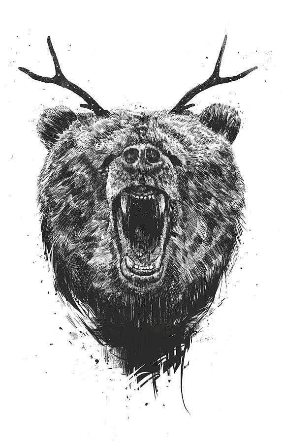 Deer Drawing - Angry bear with antlers by Balazs Solti