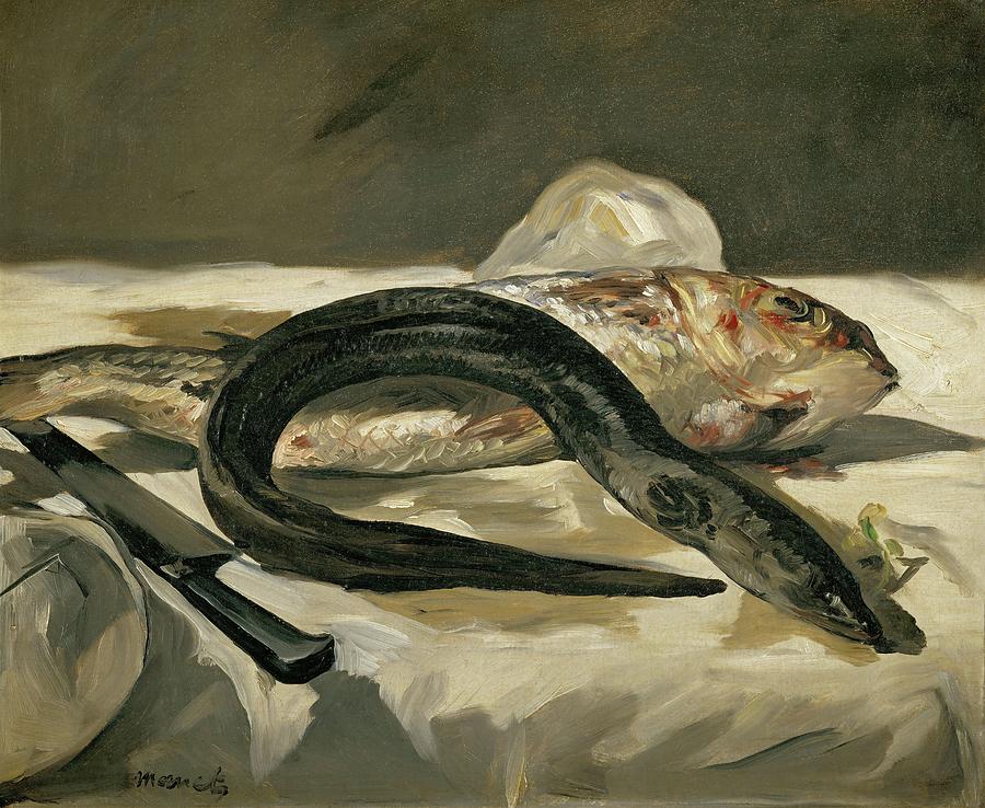 Anguille et rouget-Eel and mullet, 1864 Canvas, 38 x 46,5 cm R. F.1951-9. Painting by Edouard Manet -1832-1883-