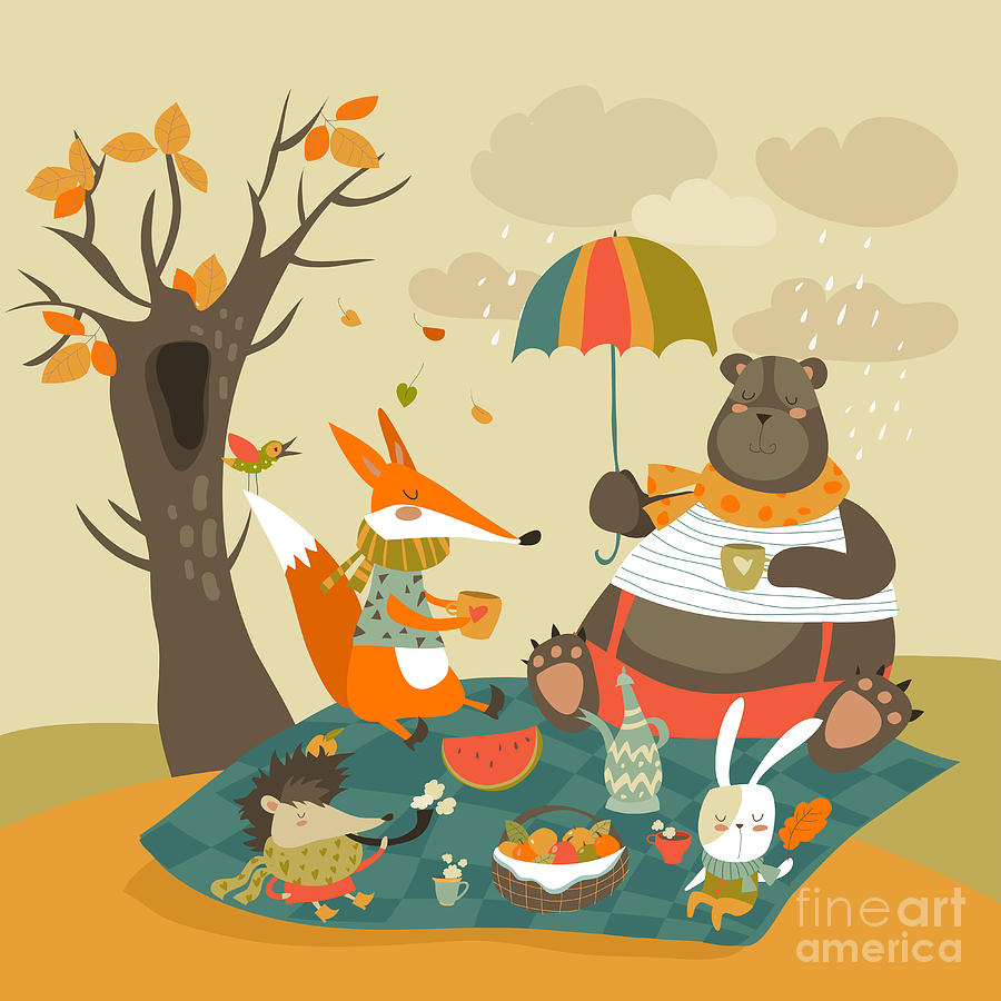 Basket Digital Art - Animals At Picnic In Autumnal Forest by Maria Starus Basket Digital Art - Animals At Picnic In Autumnal Forest by Maria Starus