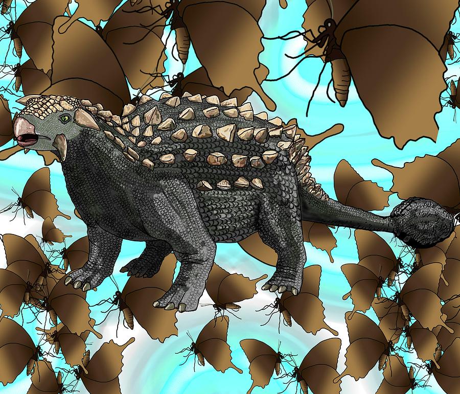 Ankylosaurus and Butterflies Drawing by Joan Stratton