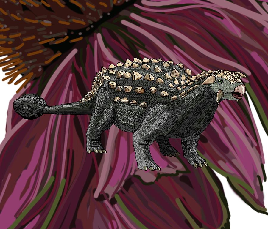 Ankylosaurus in Echinacea Flower Drawing by Joan Stratton Fine Art