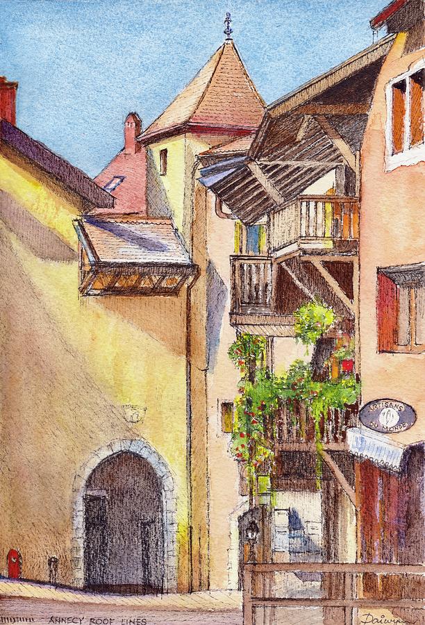 Annecy Roof Lines Aquarelle Painting by Dai Wynn