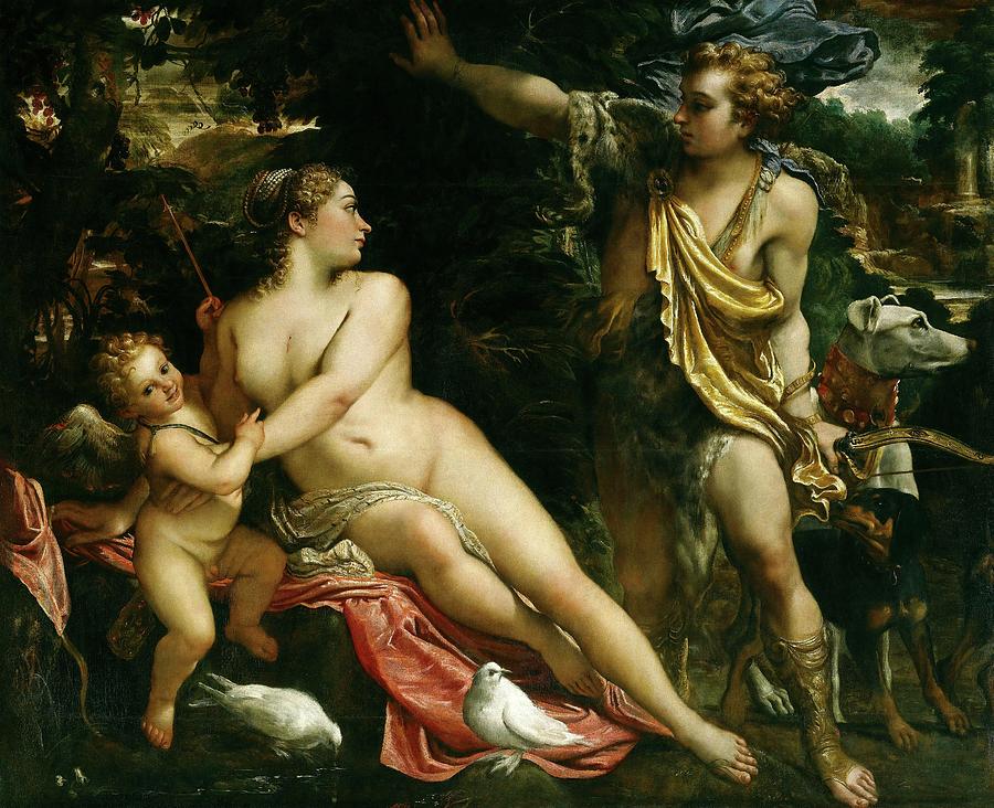 Annibale Carracci / Venus, Adonis and Cupid, ca. 1590, Italian School. AMOR MITOLOGIA. Painting by Annibale Carracci -1560-1609-