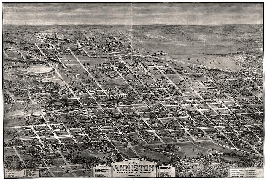 Anniston Calhoun County Alabama Antique Birdseye Map Looking Northwest ...